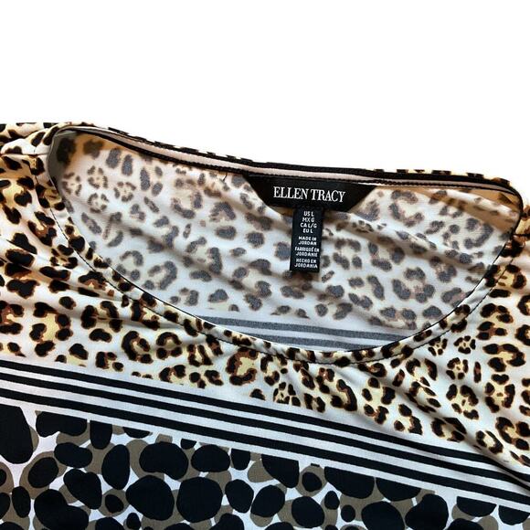 ELLEN TRACY PULLOVER BLOUSE MULTICOLOR LEOPARD PRINT 3/4 RUFFLE SLEEVE WOMEN LGE - Picture 4 of 7